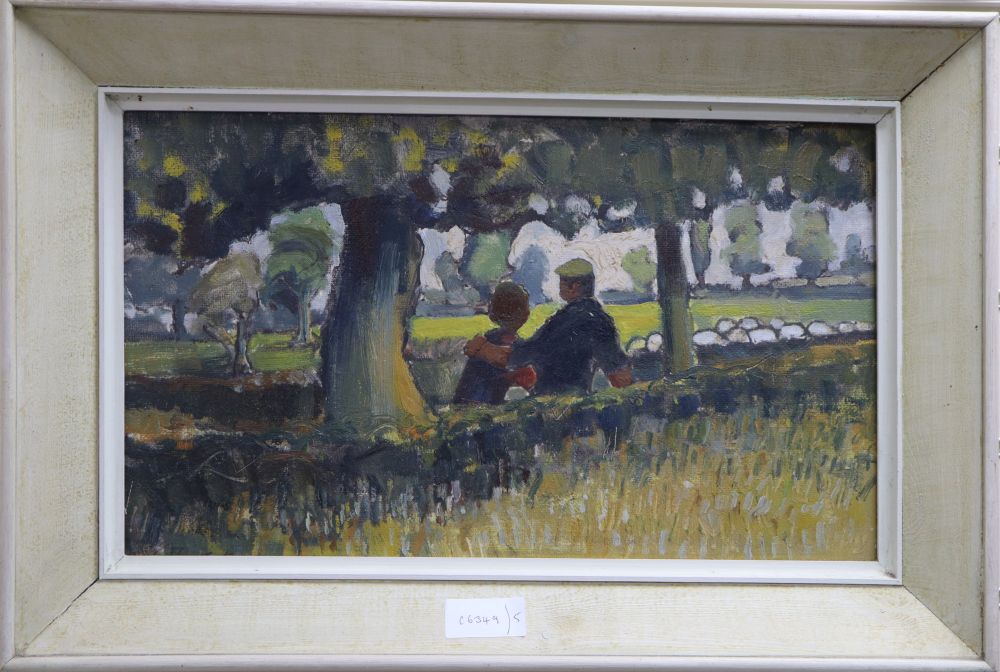 Continental School, oil on board, Couple seated beneath trees, indistinctly signed, 28 x 49cm